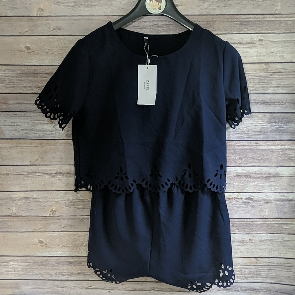 NWT Zaful Crop Top and Shorts Set Navy Blue